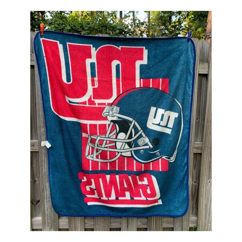 Vintage New York Giants Blanket 50x60 Blue Red Helmet Logo NFL Fleece Made USA